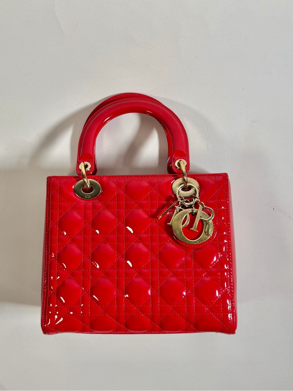 1998 Christian Dior Lady Dior Bag Red Patent Leather with Gold Hardware